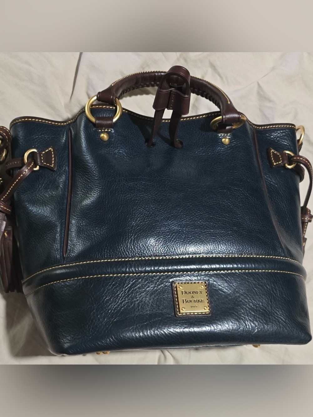 Dooney & Bourke Deep Teal Drawstring Satchel Gold Hardware Tassel Accent EUC - Picture 2 of 9